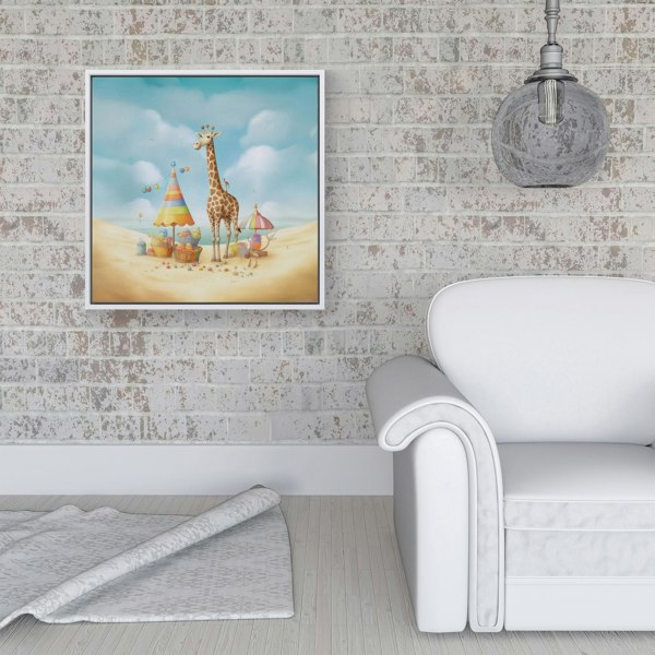 Warren Reed Giraffe On A Beach Holiday Framed Canvas