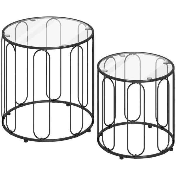 Black round nesting tables with cut-out metal sides and clear glass tabletops