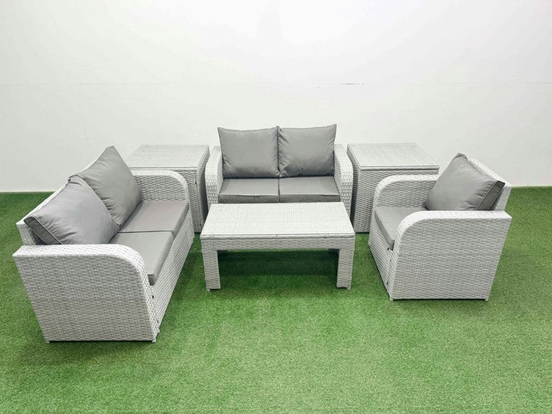 Fimous High Back Poly Rattan Garden Furniture Set - Light Grey Indoor/Outdoor Patio Set with Reclining Chair & Oblong Coffee Table