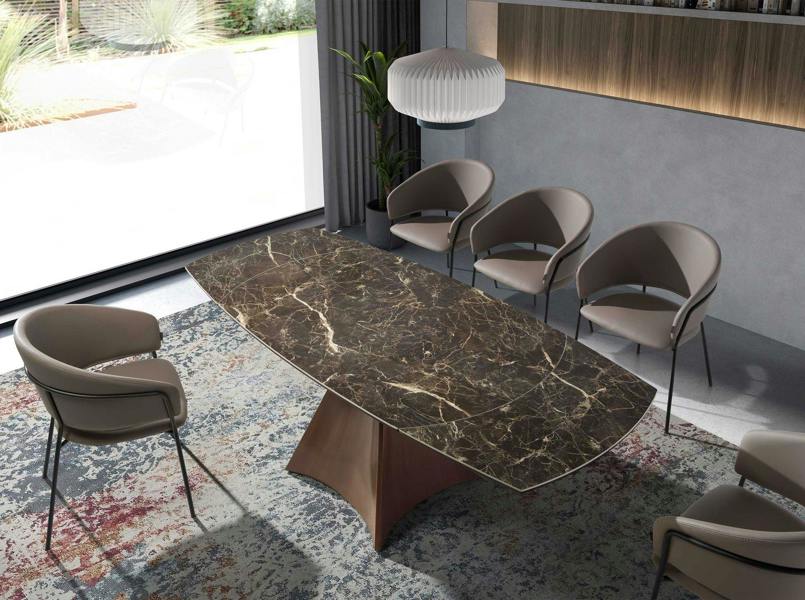 Angel Cerdá Oval Barrel porcelain marble and walnut effect steel extending dining table 1113