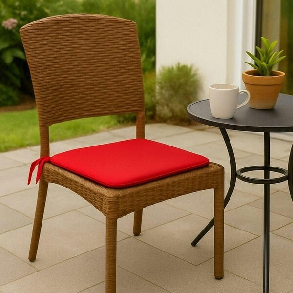 Night Zone Square Chair Seat Pads 38 x 38cm – 3cm Thick Foam Dining Chair Cushions with Ties - Red