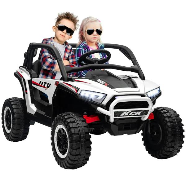 White two-seat battery ride-on electric truck with steering wheel and large tires