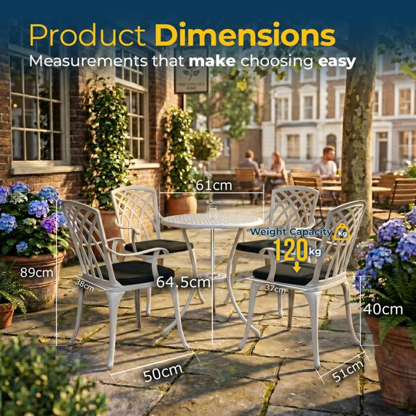 Homeology OSHOWA Luxurious Garden and Patio Table and 4 Large Chairs with Armrests Cast Aluminium Bistro Set - White with Black Cushions