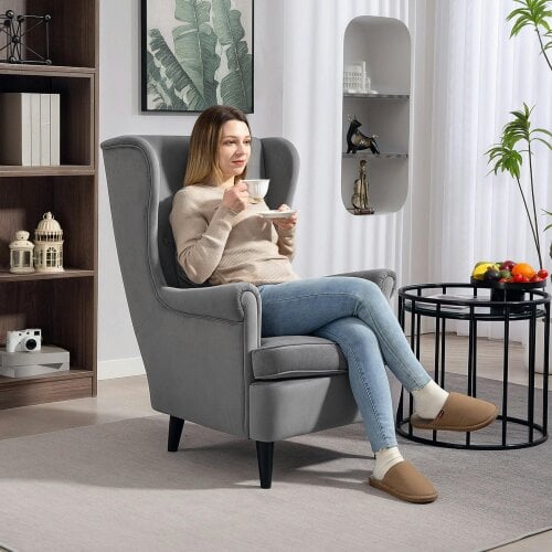 Wyld Haus Harire Grey Velvet Wingback Accent Chair With High Back Pillow And Wooden Legs