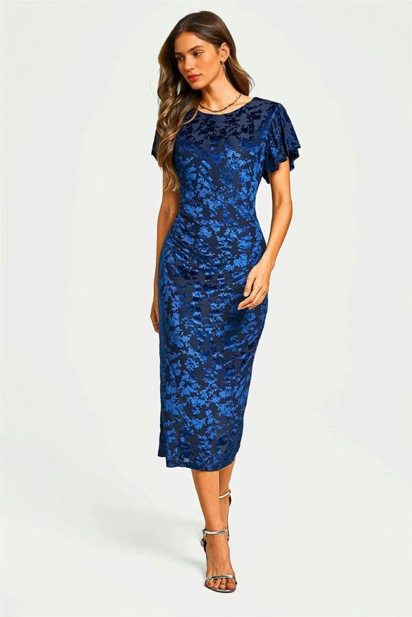 FS Collection Floral Velvet Devore Puff Sleeve Bodycon Midi Dress In Navy