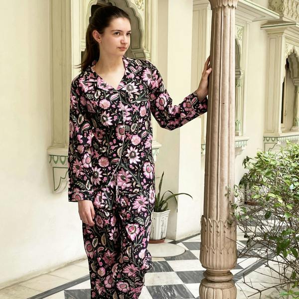 Hayley & Co Black and Pink Block Print Floral 100% Cotton Long Pyjama Set