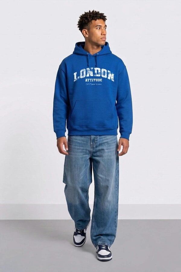 London Attitude Relaxed Fit Collegiate Graphic Hoodie in White - Bright Royal