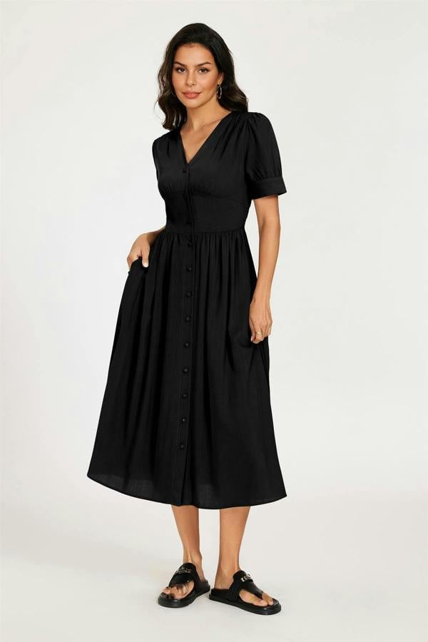 FS Collection Button Front Short Sleeve Midi Dress In Black