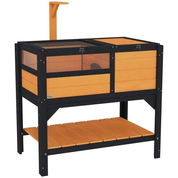 Yellow wooden tortoise house with black frame, enclosed run, shelf and ramp
