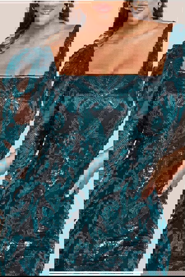 Square Neck Scalloped Embroidered Sequin Midi Dress - Emerald Green DR4124PLUS