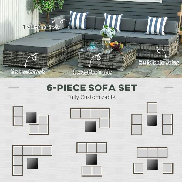 Grey 6-piece rattan sofa set layout diagram with cushions and coffee table