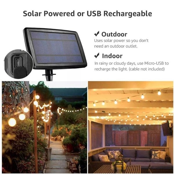 7.6M / 25FT LED Solar / USB Dual Power "Festoon" Globe String Lights - Lighting Legends