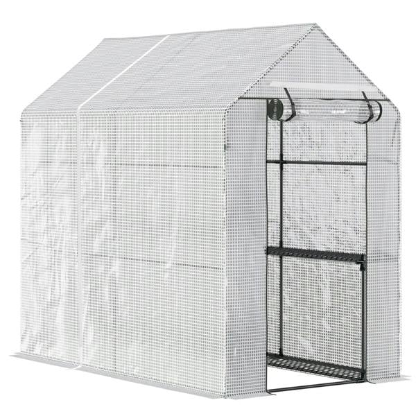White walk-in greenhouse with open roll-up zip door and two-tier plant shelves