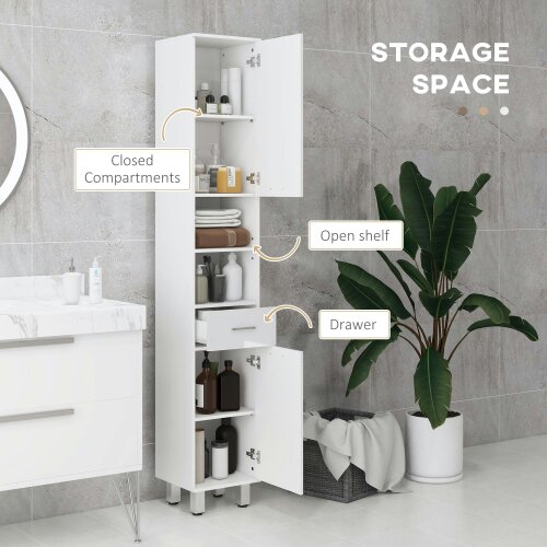 Wyld Haus Secoli Tall Slim High Gloss White Storage Bathroom Cabinet With Drawers Shelves And Double Doors