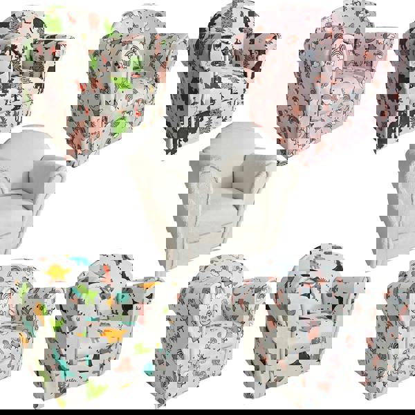 Collection of children's armchairs with various patterns on a white background