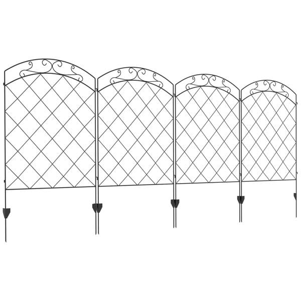 Black steel outdoor picket fence panels set of 4 with diamond lattice and swirled tops
