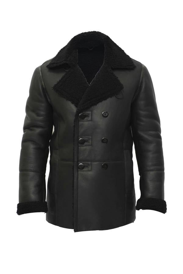 Infinity Leather Mens Double Breasted Shearling Sheepskin Pea Coat-Kington