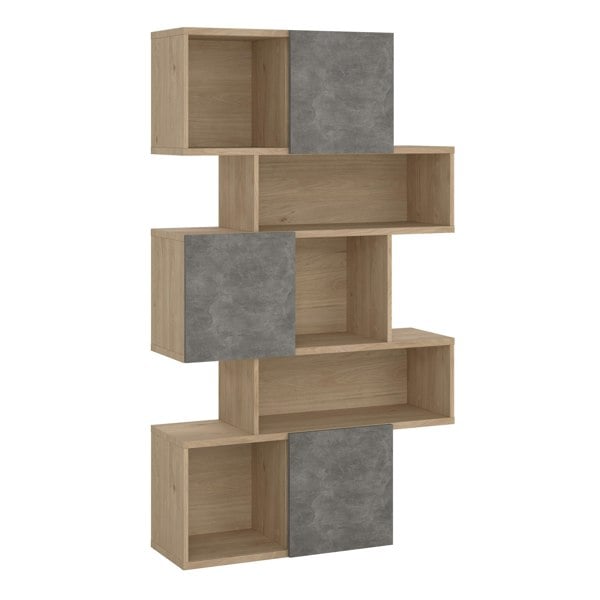 Furniture To Go Maze Asymmetrical Bookcase with 3 Doors in Jackson Hickory and Concrete
