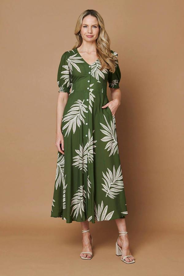 Green | Leaf Print Puff Sleeve V-Neck Maxi Dress