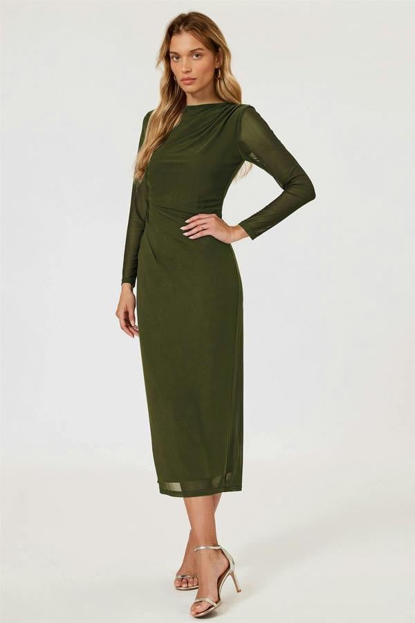 FS Collection Long Sleeves Mesh Midi Dress In Olive