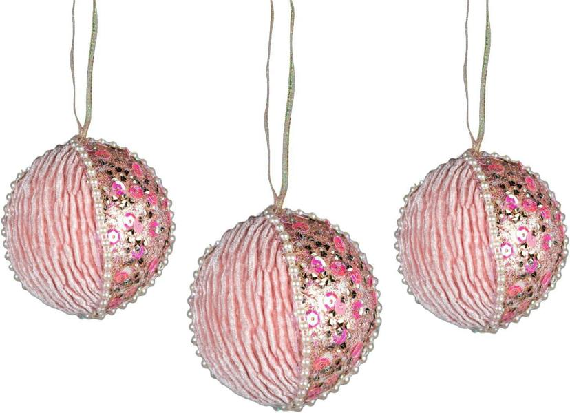7cm Baby Pink Glitter Round Christmas Baubles, Set of 3 Hanging Decorations with Pearls and Sequins image 5