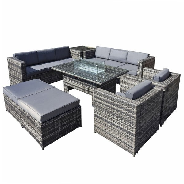 Oseasons Malta Rattan 10 Seat Rising Firepit U-Shape Set in Grey Walnut with 2 Footstools