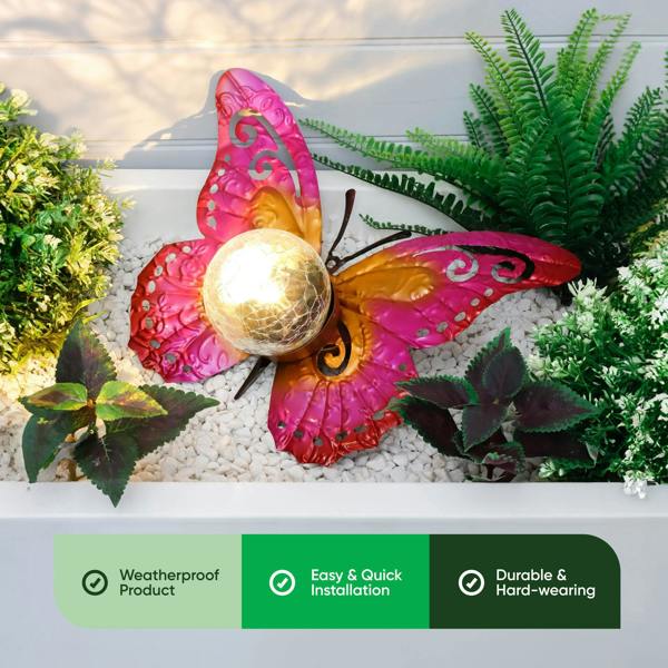 Gardenwize Solar Garden Ornament – Metal Sunset Butterfly with LED Crackle Glass Ball