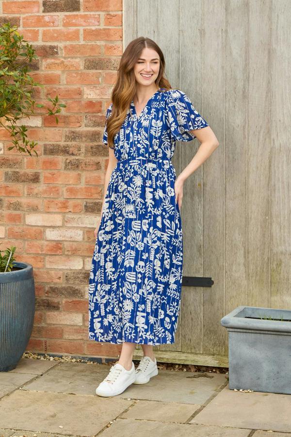 Mudflower Leaf Print Button-Up V-Neck Lurex Dress