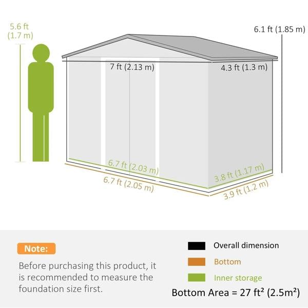 Brown metal garden shed size diagram with pitched roof and dimension markers
