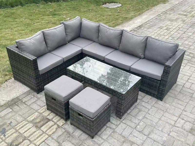 Fimous 8 Seater Rattan Corner Sofa Lounge Sofa Set With Rectangular Coffee Table 2 Stool Dark Grey Mixed Left Hand
