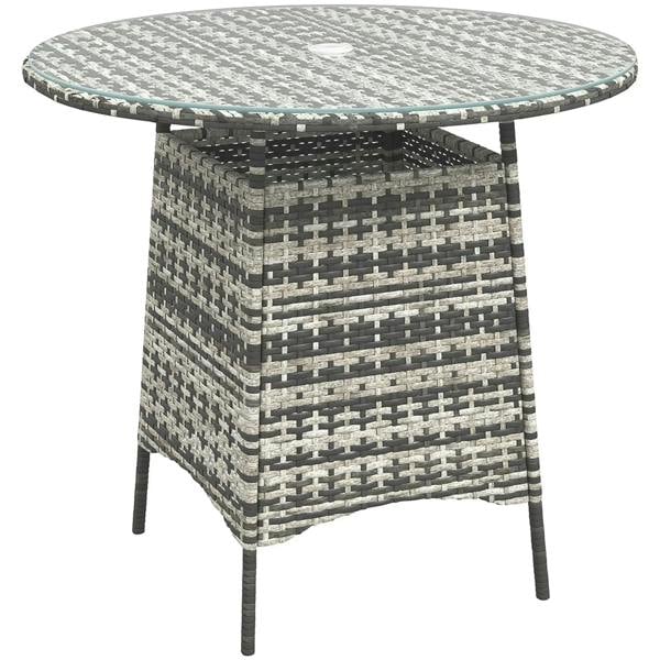 Grey wicker rattan round patio coffee table with glass top and dark legs