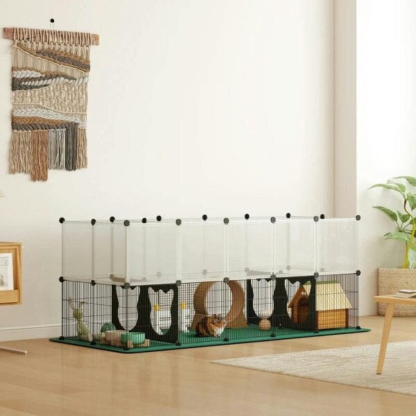 Pet Playpen with Waterproof Mat, DIY Small Animal Enclosure 34 Panels, Indoor/Outdoor Metal Pet Fence for Guinea Pigs - Black