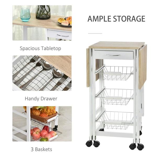 White kitchen cart with oak tabletop, drawer, and three wire baskets on rolling casters