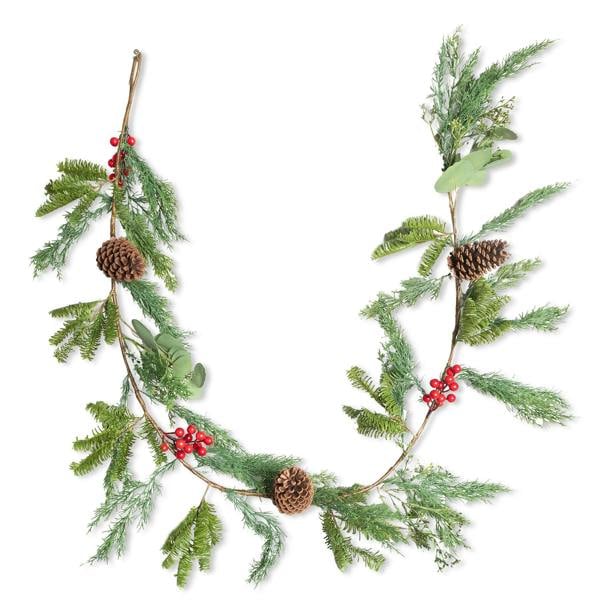18cm Green Cedar Christmas Garland with Red Berries and Pinecones for Indoor or Outdoor Display image 1