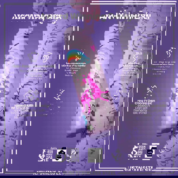 A lavender-colored, slim stainless steel water bottle, featuring a unicorn design, is held against a purple background. The bottle has a hide-away handle, hygiene cover, and wide opening. It's a 2024 German Design Award winner.