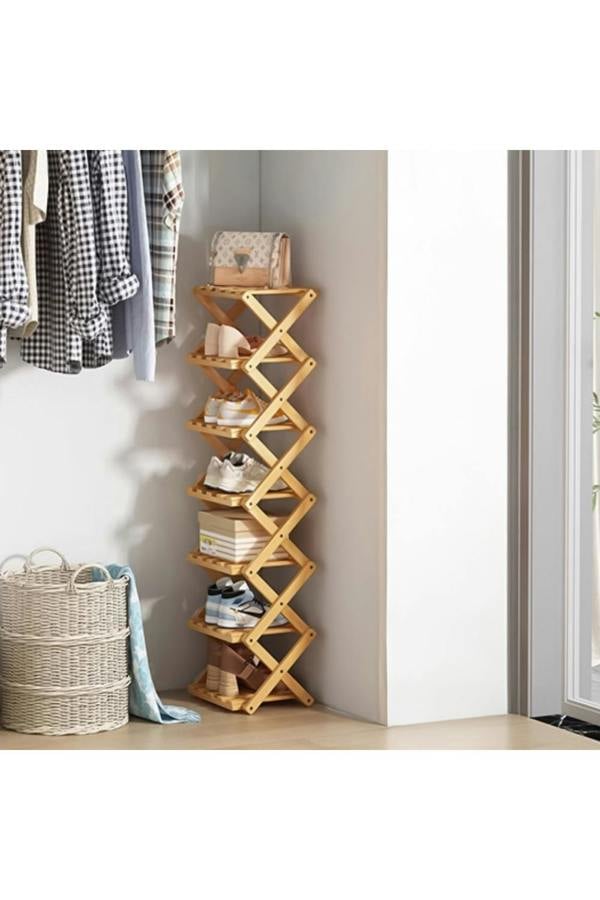 Living and Home 7 Tier Bamboo Folding Shoe Rack Shoe Storage Organiser - Light Oak