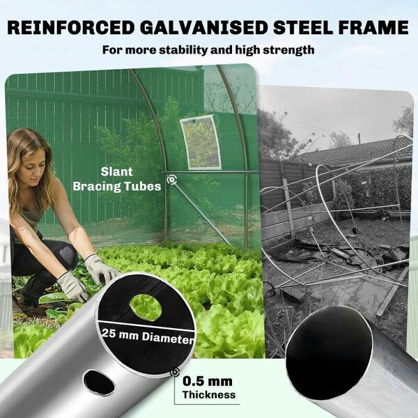 3 x 4 m Walk-in Polytunnel Greenhouse with Hinged Door and 8 Roll Up Mesh Windows, Garden Tunnel Warm House Tent, Green