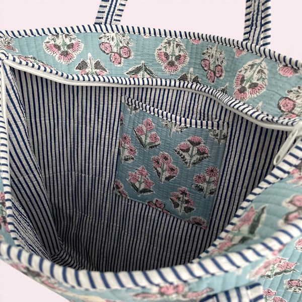 Hayley & Co Blue and Pink Ditsy Floral Quilted Cotton Tote Bag