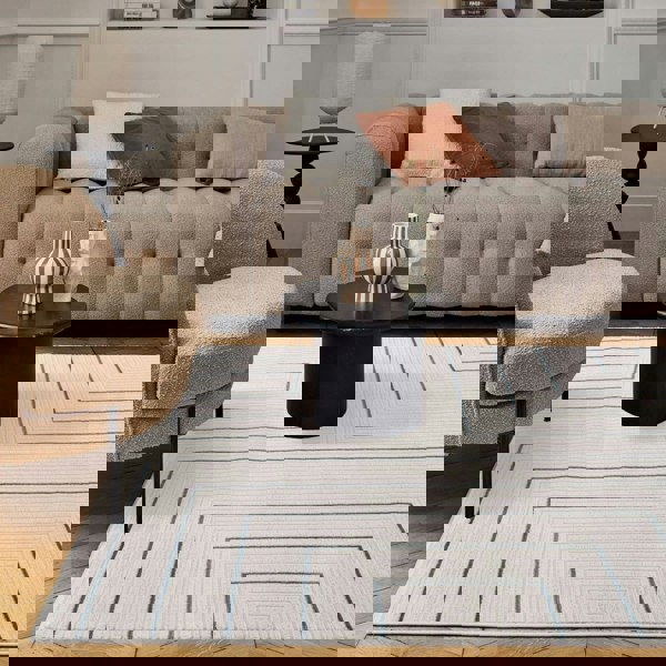 Geometric Living Room rug, blue-cream colours, stain-resistant and non-shedding