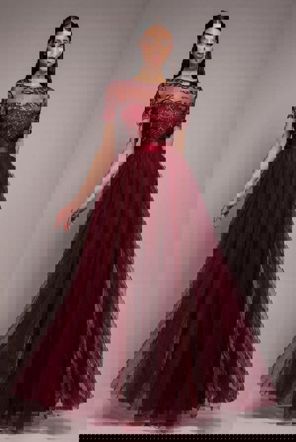 Embroidered Mesh Maxi Dress - Burgundy DR3584