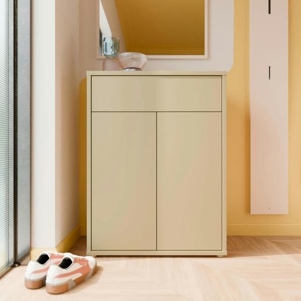Furniture To Go Alice Springs Compact Shoe Cabinet with 2 Doors Push-to-Open & 1 Drawer Push-to-Open in Butter Yellow
