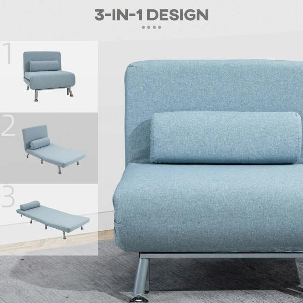 Sky blue convertible sleeper chair showing 3-in-1 design positions