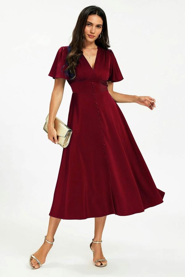 FS Collection Satin V neckline Button Detail Dress In Wine