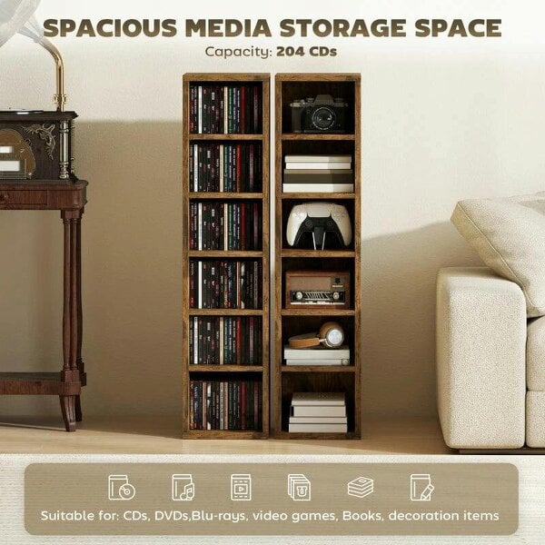 Bobobiy Set of 2 CD Media Display Shelf Unit Tower Rack with Adjustable Shelves, Rustic Brown