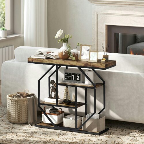 Wyld Haus Reello Metal And Wooden Rustic Brown 4 Tier Industrial Console Table