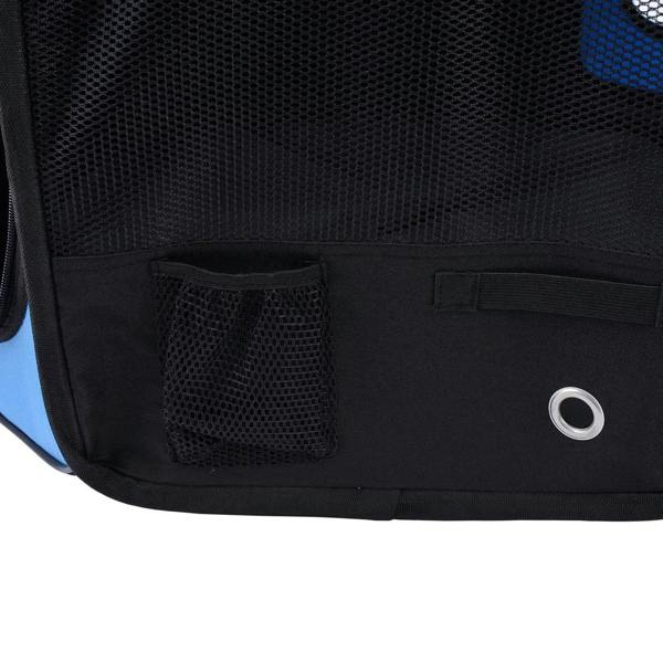 Close-up of storage pocket and mesh panel on blue pet playpen