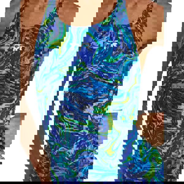 Blue and green marbled TYR Thresher Hyperblitz Open Back Kneeskin swimsuit