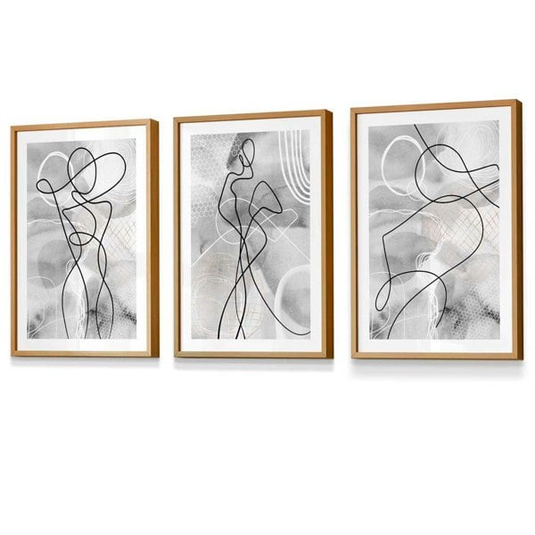 Artze Wall Art Abstract Set of 3 Fashion Line Framed Prints in Black & Grey