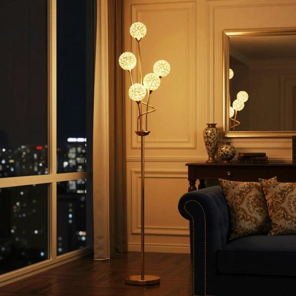 Gold-tone crystal floor lamp with five illuminated round shades and slim pole base