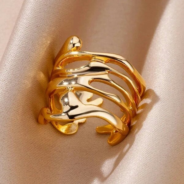 The Colourful Aura Abstract Fluid Wrap Wide Adjustable Band Gold or Silver Ring - Gold - Gold